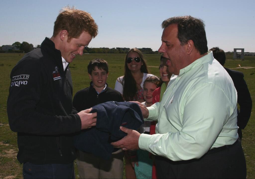 Christie Tweeted this photo, "Greeting Prince Harry at the Jersey Shore the best way I know how; with his own Royal Fleece"